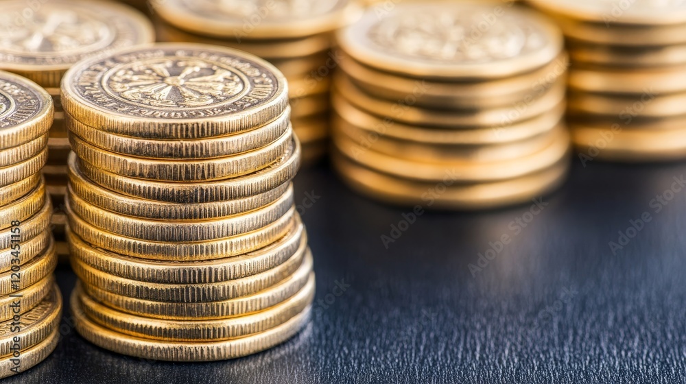 Golden Coins Stacked High, Wealth and Prosperity Concept Golden Coins Stacked High, Wealth and Prosperity Concept