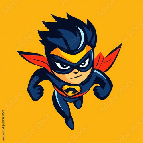 Little Superhero in Flight: A vibrant illustration of a young superhero in dynamic flight, his determined gaze fixed ahead. The bold color palette and stylized design evoke feelings of action.