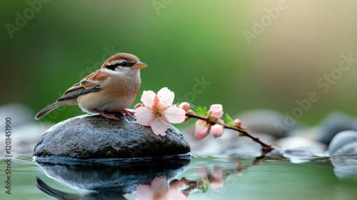 A small sparrow resting on a rock with cherry blossoms nearby, presenting a serene atmosphere as it enjoys the peaceful water and lush surroundings of nature. photo