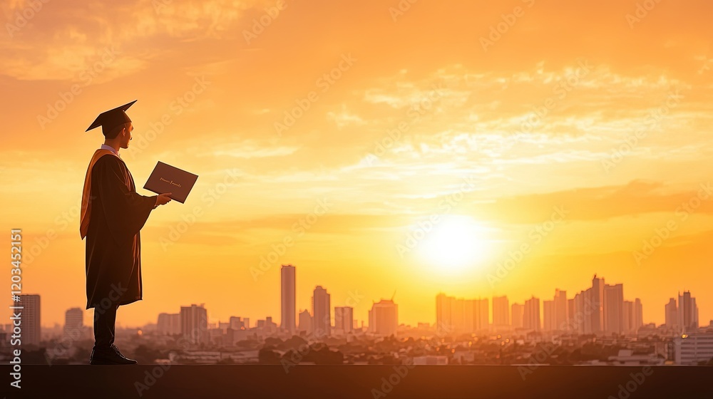 Graduate Celebrating Achievement with Diploma Against Urban Skyline, Symbolizing Success and Ambition in a Golden Hour Glow