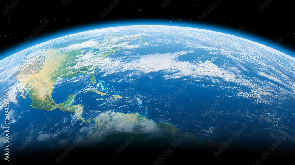 Fototapeta premium Stunning Earth view subtly lit showing vibrant blue oceans and swirling clouds. AI Generated