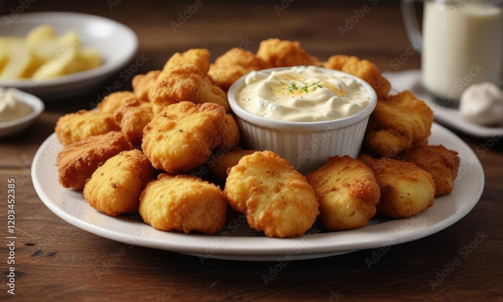 A plate piled high with crispy nuggets, creamy mayonnaise, and fluffy potatoes, plate with nuggets , homemade meal, comfort food A plate piled high with crispy nuggets, creamy mayonnaise, and fluffy potatoes, plate with nuggets , homemade meal, comfort food