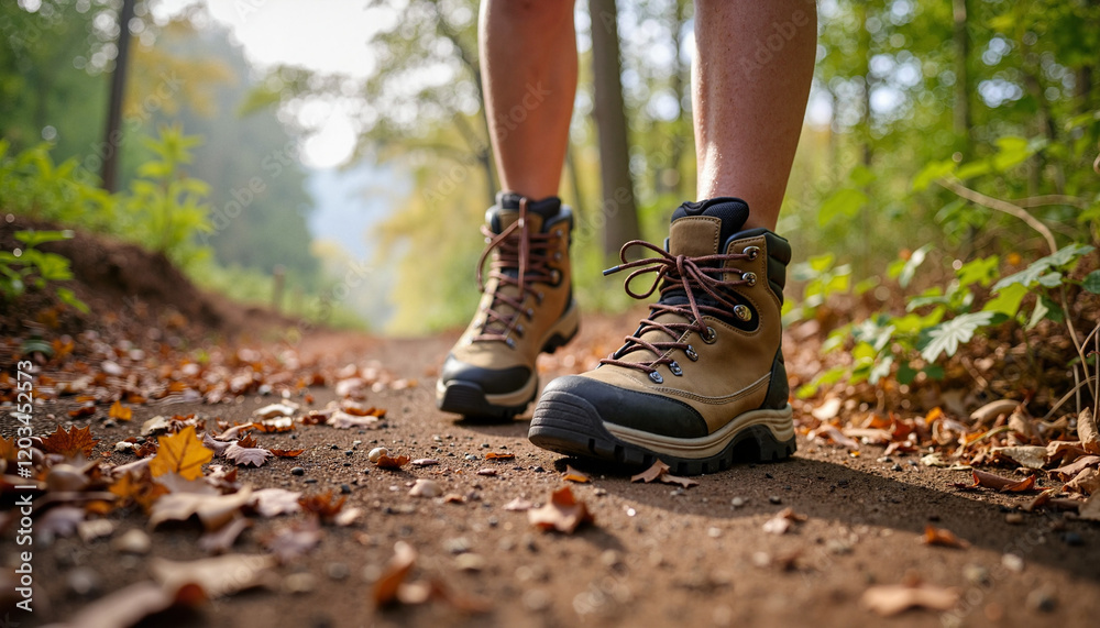Rugged hiking boots on dirt trail in misty forest, autumn adventure Rugged hiking boots on dirt trail in misty forest, autumn adventure