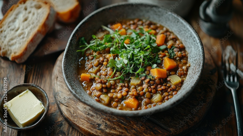 Rustic table setting with lentil vegetable stew and bread