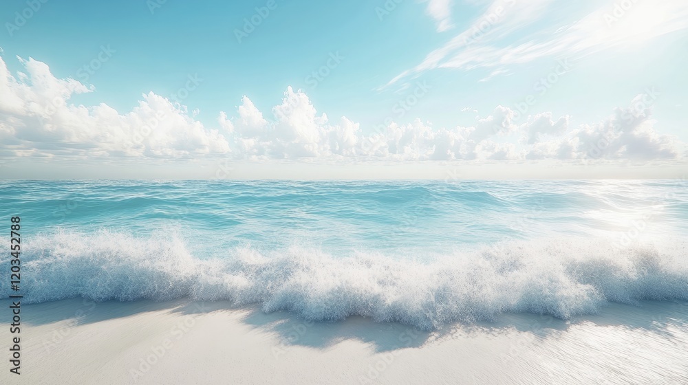 Peaceful ocean scene with soft waves, open blue sky for text Peaceful ocean scene with soft waves, open blue sky for text