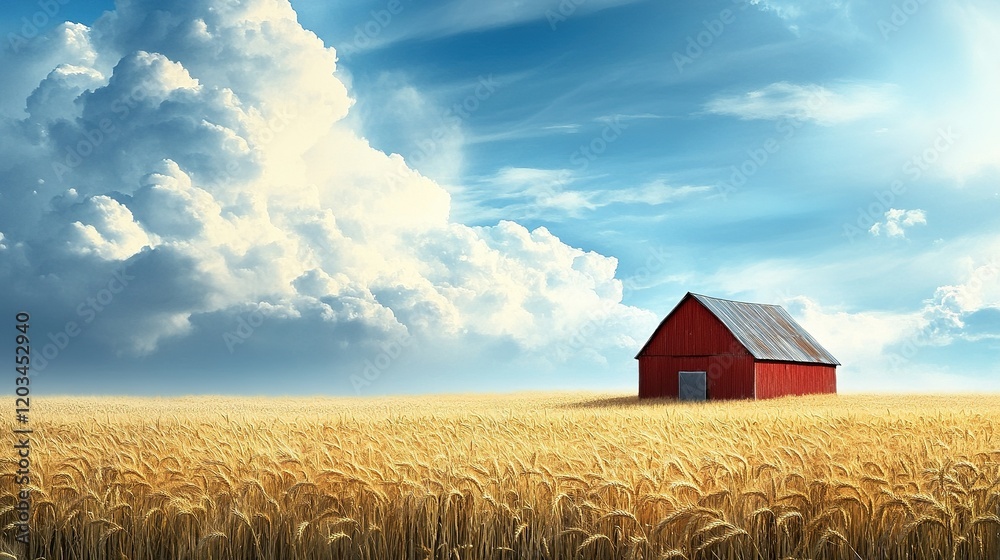 Golden wheat fields with a rustic red barn under a dramatic cloudy sky, evoking a serene rural landscape. Golden wheat fields with a rustic red barn under a dramatic cloudy sky, evoking a serene rural landscape.