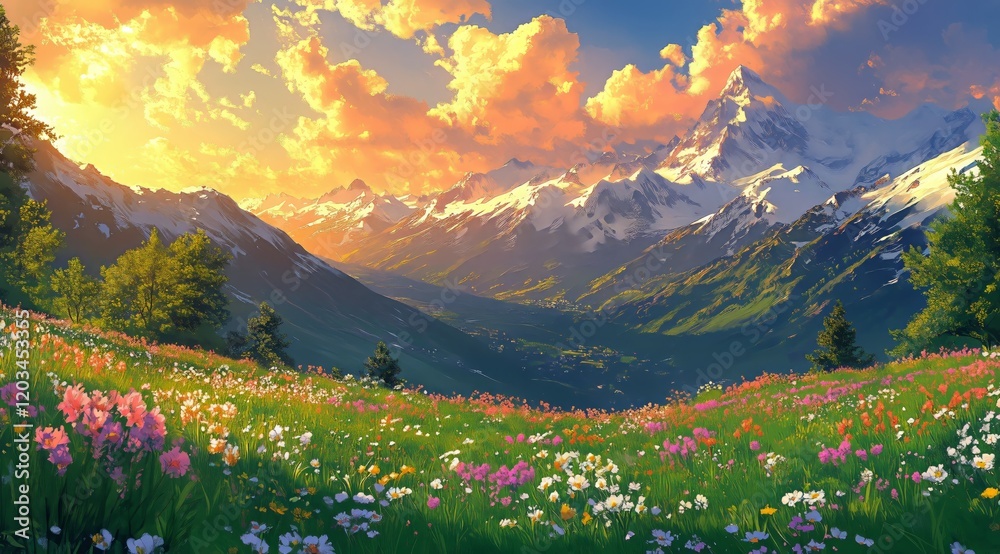 Obraz premium Majestic mountain landscape with vibrant flowers and sunset glow in a serene valley