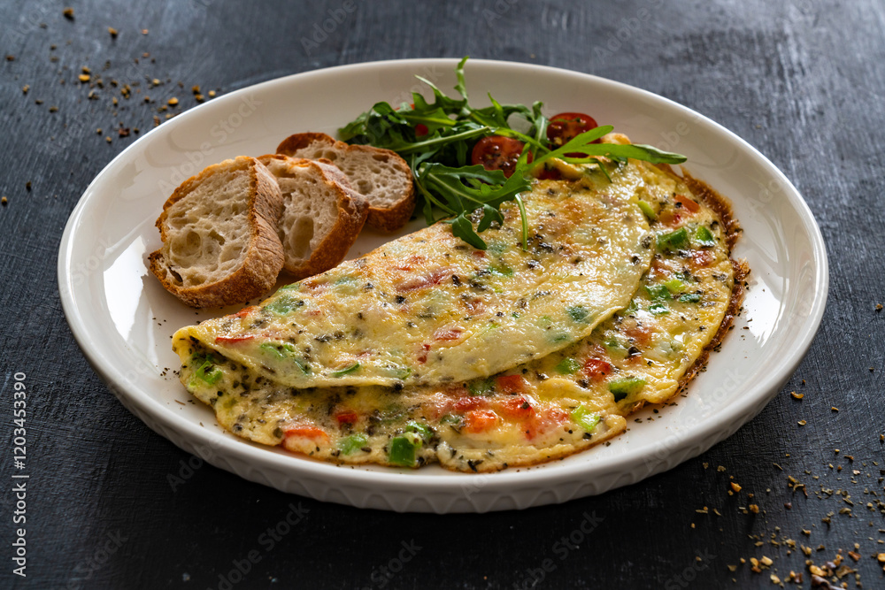 Omelette - scrambled eggs with red and green bell pepper on black table Omelette - scrambled eggs with red and green bell pepper on black table