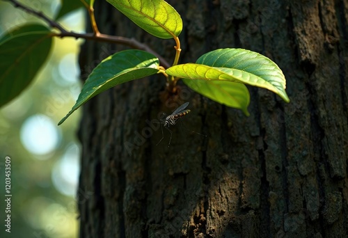 A mosquito alights on the underside of a leafy branch on a tree trunk with a brown bark, outdoor scene, outdoor photography, bug life photo