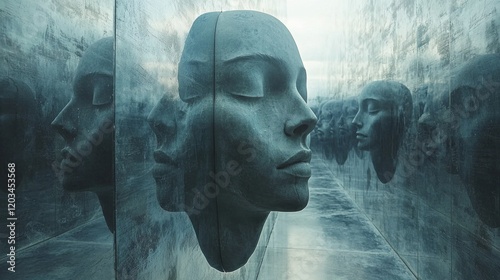 A reflective corridor showcases haunting faces sculpted into polished surfaces, inviting viewers into an introspective journey. Each visage evokes deep emotions and hidden thoughts photo