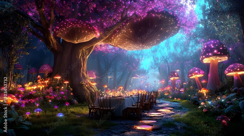 Obraz premium enchanting glowing mushroom forest dinner - fantasy/mythical worlds