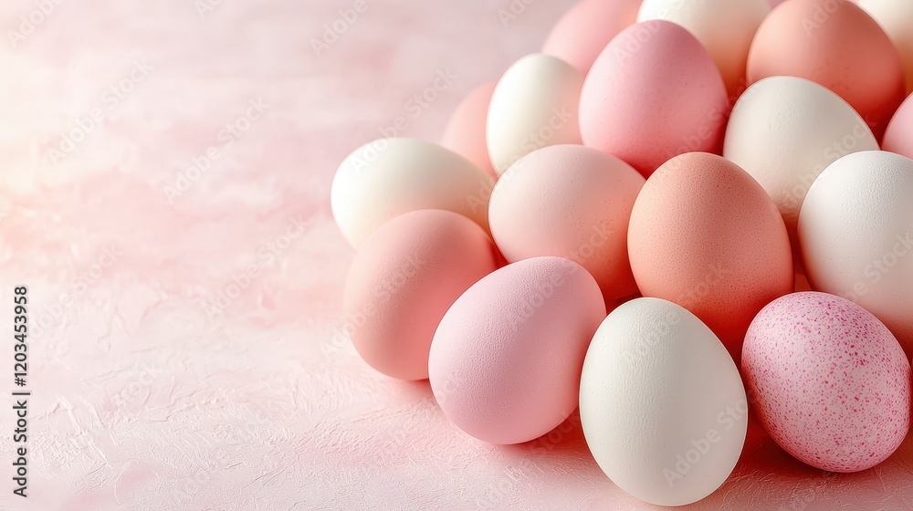 A beautiful arrangement of pink and white Easter eggs placed in a perfect pattern over a soft pink background, creating a festive and cheerful display. A beautiful arrangement of pink and white Easter eggs placed in a perfect pattern over a soft pink background, creating a festive and cheerful display.