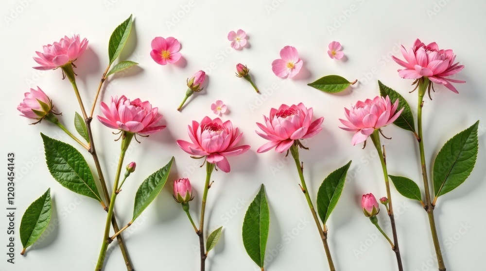A Delicate Arrangement of Pink Blossoms and Lush Green Foliage