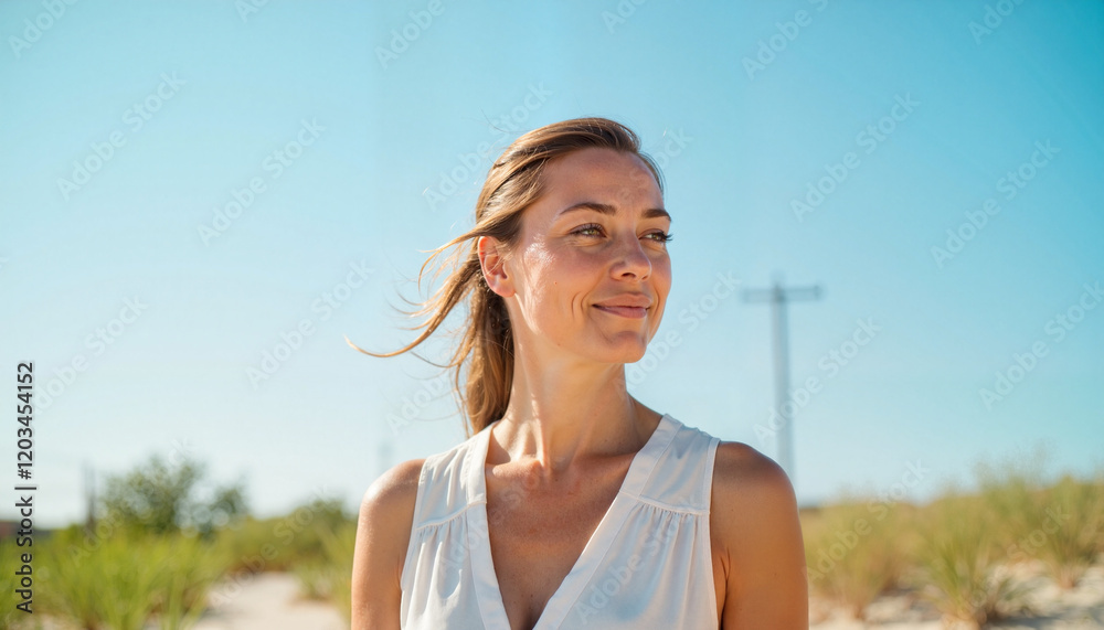 Serene woman smiling under clear blue sky in outdoor setting, tranquility Serene woman smiling under clear blue sky in outdoor setting, tranquility