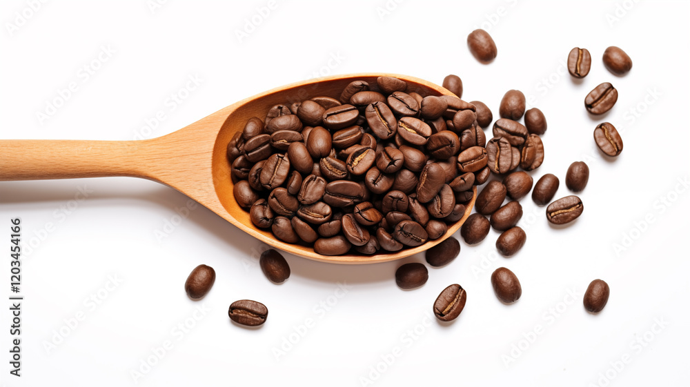 Fototapeta premium Fresh roasted coffee beans in wooden spoon with scattered beans on white background professional food and product photography with natural lighting