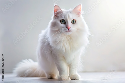 Pure white cat photography: minimalist aesthetics, fluffy perfection in poised pet portraits.