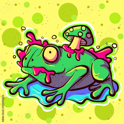 Psychedelic frog with a mushroom on its back. Green trippy acid toad surrounded by pink slime and water.