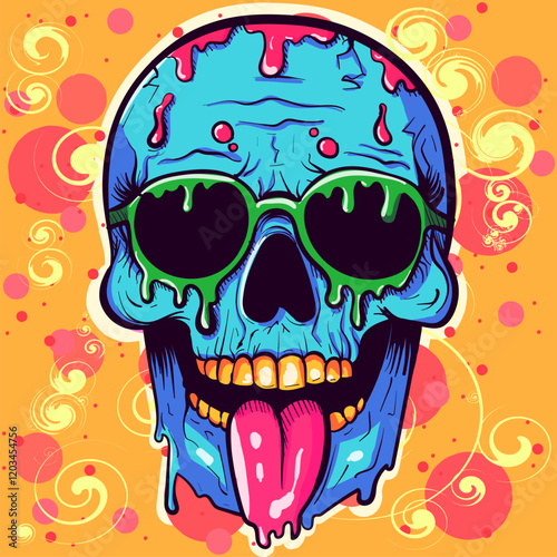 Psychedelic illustration of a colorful skull with sunglasses and tongue out. Acid trippy zombie head with pink liquid lsd.