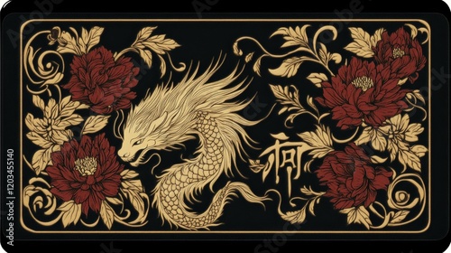 Fototapeta Naklejka Na Ścianę i Meble -  Golden Dragon Amidst Elegant Peonies and Floral Swirls