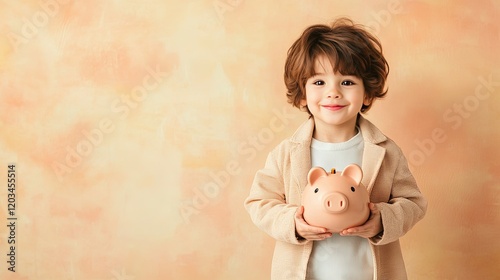 Obraz na płótnie Child joyfully engaging with a piggy bank, early lessons in saving, fostering responsible financial habits from a young age w salonie