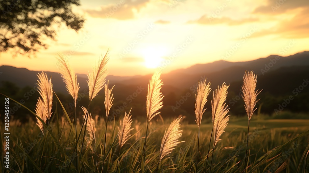 Serene sunset over a grassy field with feathery plants swaying in the breeze, mountains in background Serene sunset over a grassy field with feathery plants swaying in the breeze, mountains in background