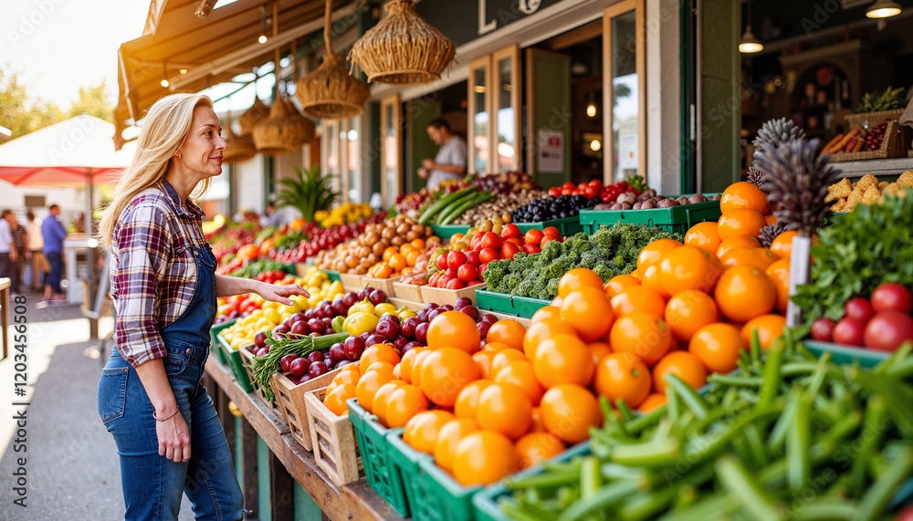 Obraz premium Person admiring fresh produce at sunny food market, summer abundance