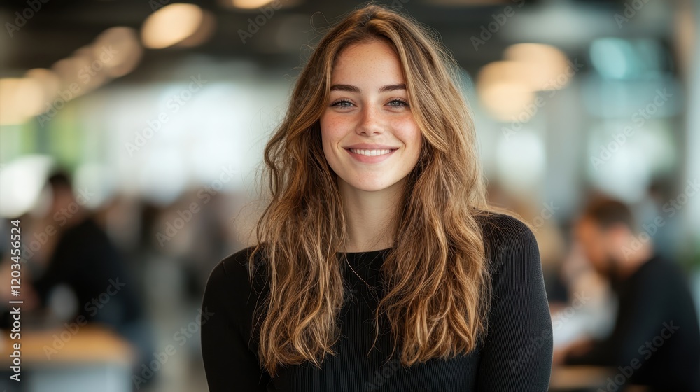 In a modern workspace setting, a radiant young woman smiles warmly, illustrating positivity, creativity, and the vibrant energy of collaborative environments. In a modern workspace setting, a radiant young woman smiles warmly, illustrating positivity, creativity, and the vibrant energy of collaborative environments.