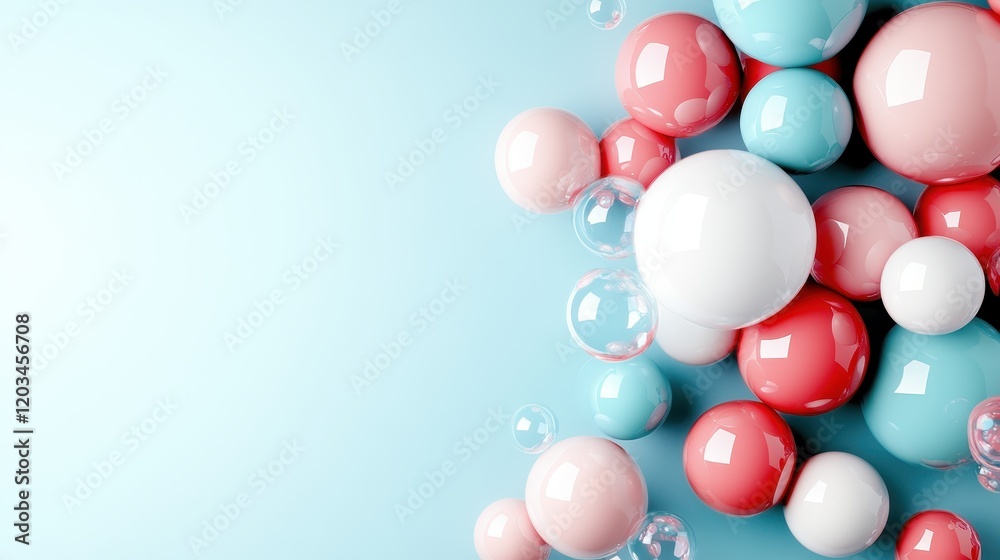 A dynamic cluster of colorful spheres in red, teal, and white tones, combined with playful bubbles, offers a cheerful and refreshing ambiance on a soft blue background. A dynamic cluster of colorful spheres in red, teal, and white tones, combined with playful bubbles, offers a cheerful and refreshing ambiance on a soft blue background.