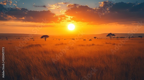 African Savannah Sunset with Acacia Trees and Zebras, ideal for travel and wildlife documentaries photo