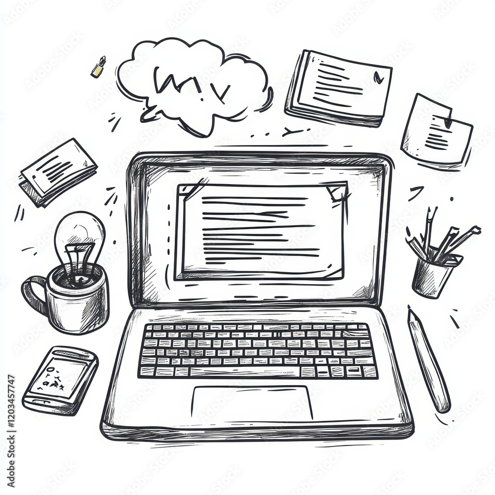 Laptop surrounded by doodle book icons