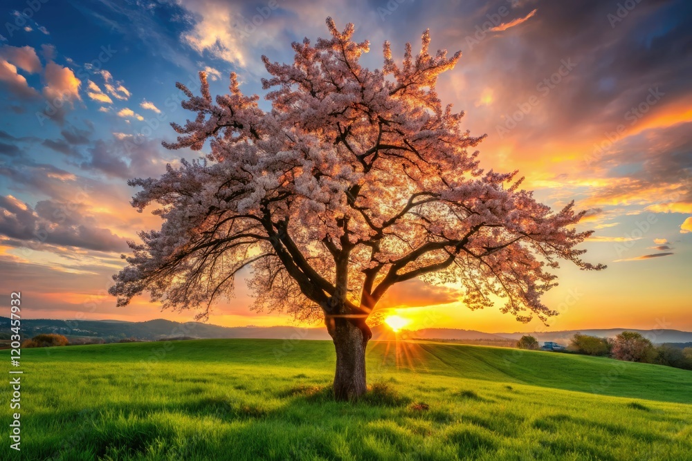 Sakura blossoms paint a vibrant spring meadow, a breathtaking cherry tree landscape. Sakura blossoms paint a vibrant spring meadow, a breathtaking cherry tree landscape.