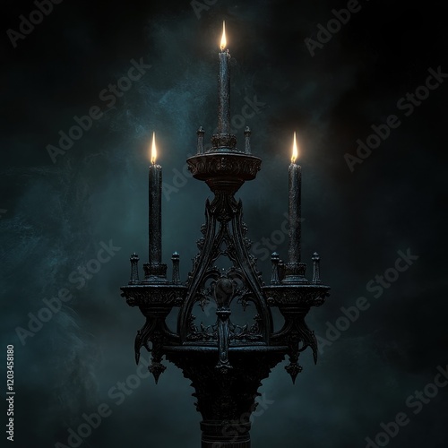 Gothic Candelabra with Burning Candles: An ornate black gothic-style candelabra holds three burning candles, casting an eerie glow against a dark, smoky background.
