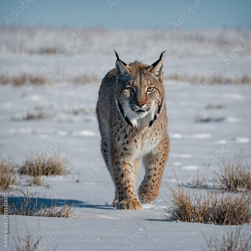 A lynx prowling through a snowy tundra under a cloudless winter sky. photo