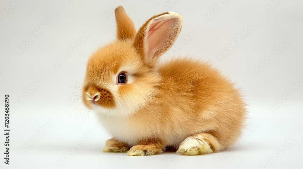 A fluffy baby rabbit with soft fur and floppy ears is sitting peacefully on a clean white background, looking adorable and innocent. A fluffy baby rabbit with soft fur and floppy ears is sitting peacefully on a clean white background, looking adorable and innocent.