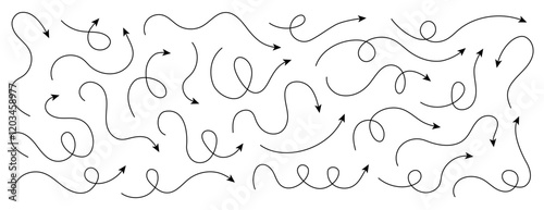 Set of squiggle line arrows. Simple line hand drawn curved vector arrows icons
