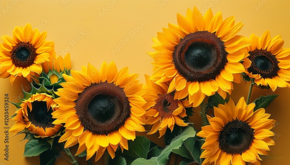 Obraz premium large yellow sunflowers on a yellow background