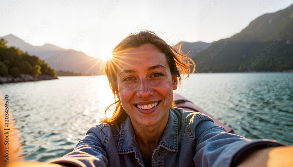 Fototapeta premium Cheerful woman taking selfie by lake at golden hour, joyful moments