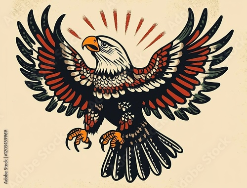 Vintage American traditional tattoo flash illustration of an eagle with its wings spread, vector graphic design on a beige background photo