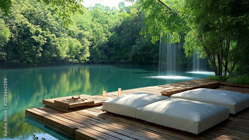Serene lakeside retreat with comfortable seating and natural surroundings in a lush forest setting Serene lakeside retreat with comfortable seating and natural surroundings in a lush forest setting