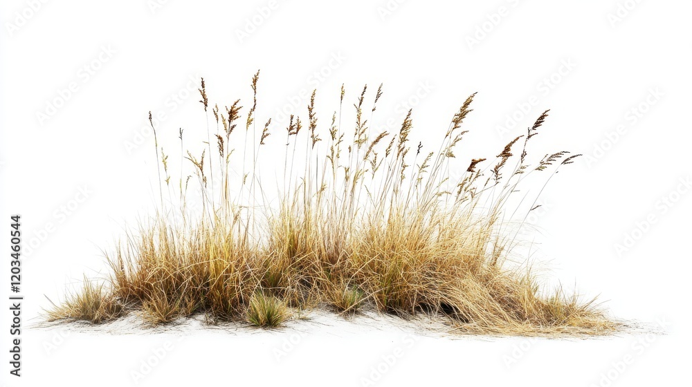 Obraz premium Golden Grass Tuff: A clump of dry, golden-brown grass, evocative of autumn or a dry landscape, stands isolated against a pure white backdrop. The tall.