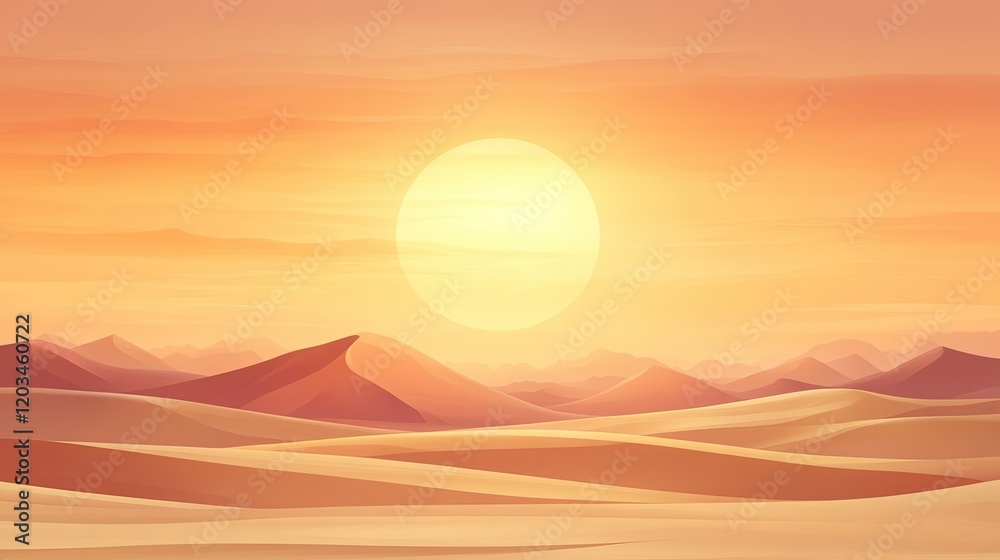 Fototapeta premium Desert Serenity, tranquil scene of rolling sand dunes under a vibrant sunset sky, warm hues blending seamlessly in solitude