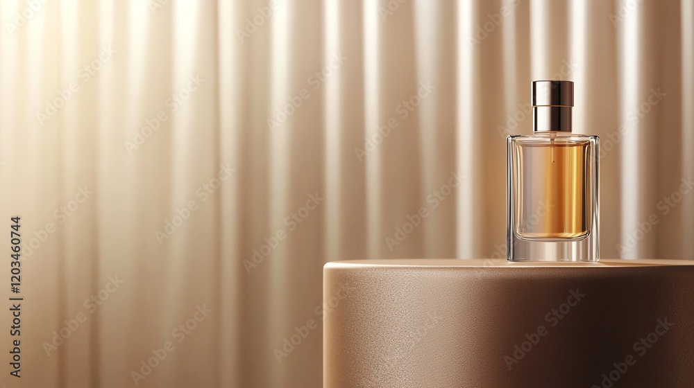 Elegant perfume bottle on a pedestal with a silky, warm background, exuding a luxurious and sophisticated vibe. Elegant perfume bottle on a pedestal with a silky, warm background, exuding a luxurious and sophisticated vibe.