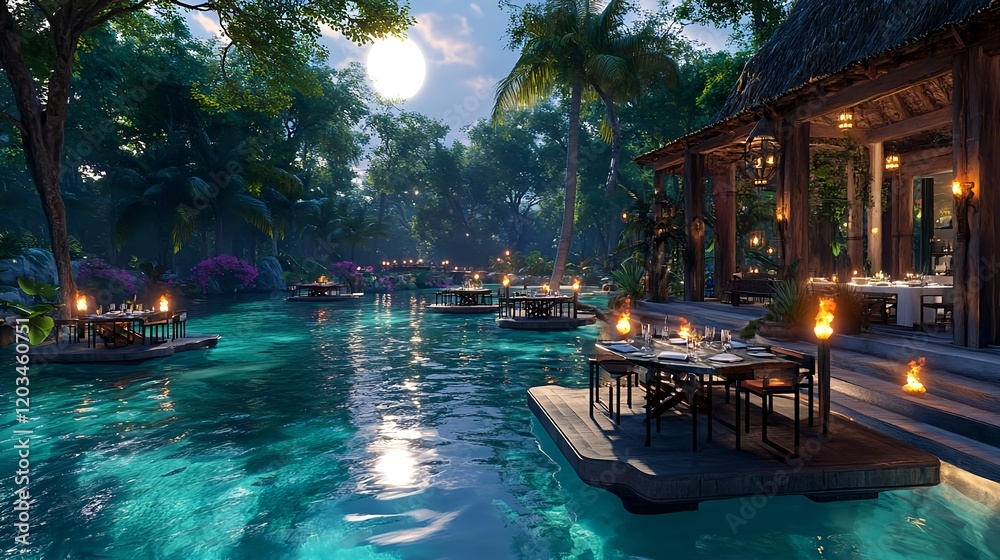Obraz premium romantic tropical resort dinner by pool - tropical escapes: the ima.