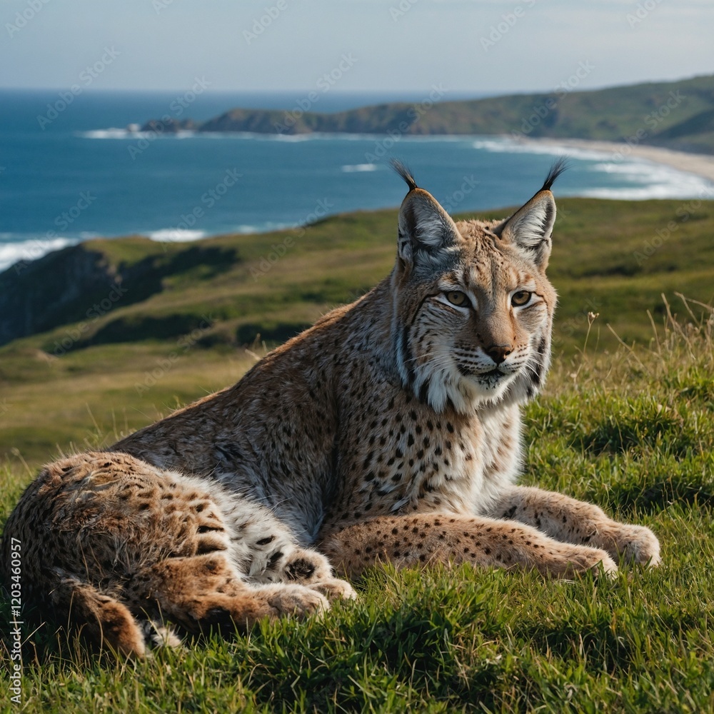 Obraz premium A lynx resting on a grassy hillside with the vast ocean stretching out behind it.