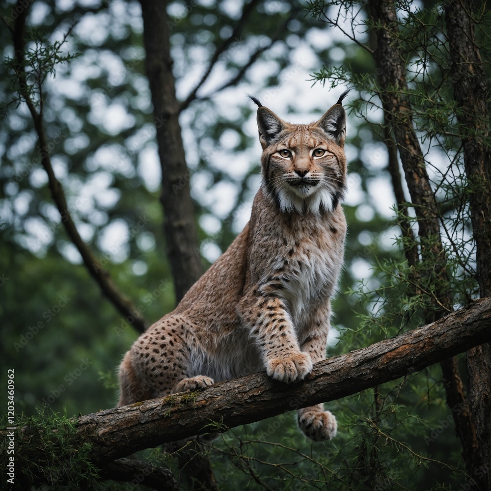 A lynx perched high in a tree with the expansive forest stretching out below. A lynx perched high in a tree with the expansive forest stretching out below.