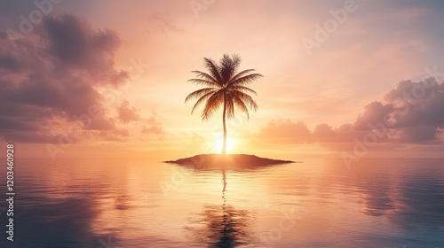 Serene Island Escape, tranquil palm tree silhouetted against a vibrant sunset, evoking peace and solitude in a tropical paradise