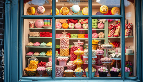 A vintage pastel candy shop window filled with colorful sweets and confectionery, with white tones