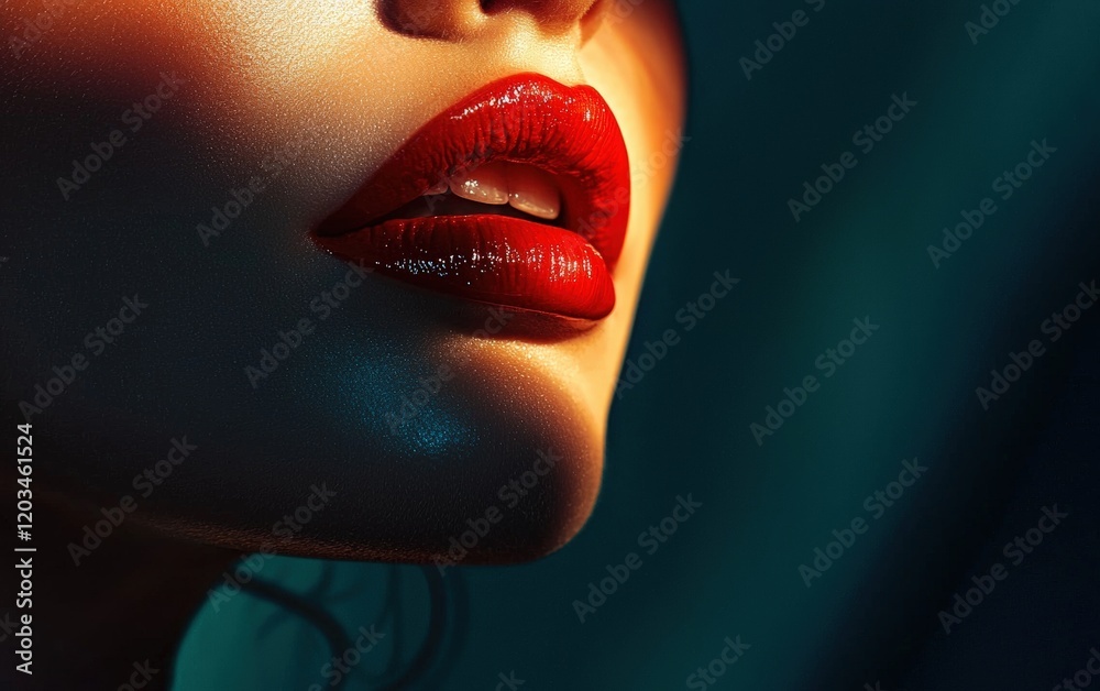 Obraz premium A high-fashion beauty shot of a woman with glossy red lips, glowing against a dramatic shadowed studio background