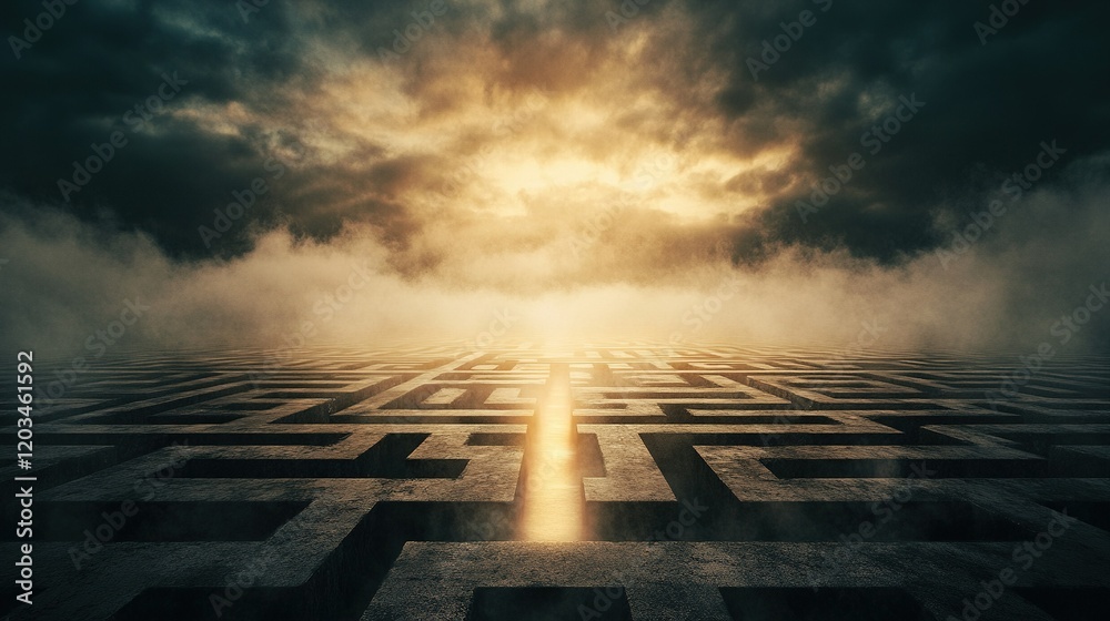 Luminous Labyrinth Exit, surreal design representing problem-solving and clarity, intricate pathways leading to enlightenment