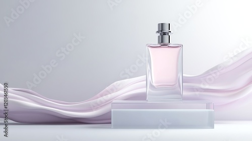 Elegant perfume bottle with soft pink liquid on a glass platform, surrounded by light, flowing fabric for luxurious ambiance. photo